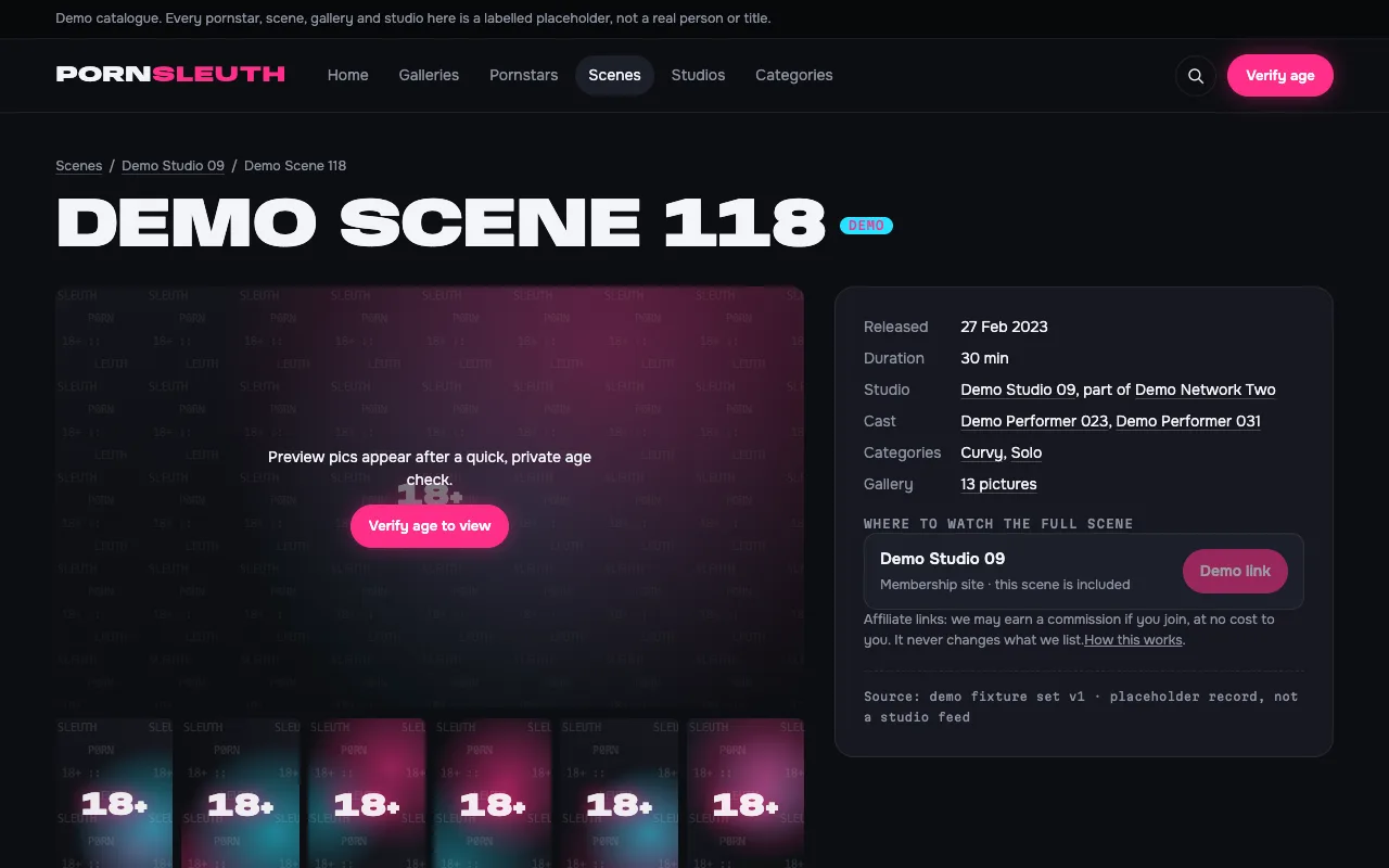 A scene page listing performers, the studio and official places to watch